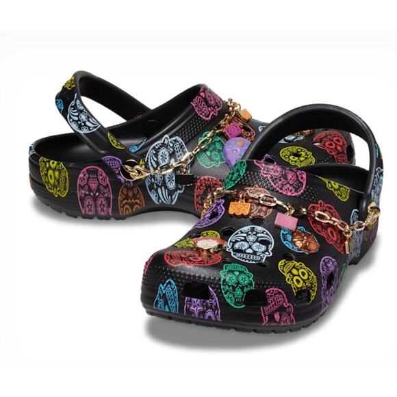 Classic Crocs Dia De Los Muertos Womens Size 12 Mens Size 10 Clogs Black New - Picture 1 of 13